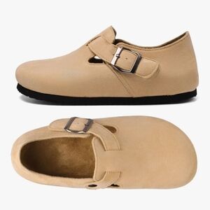 Womens Slip On, Clog Style Tan Shoes with Buckle